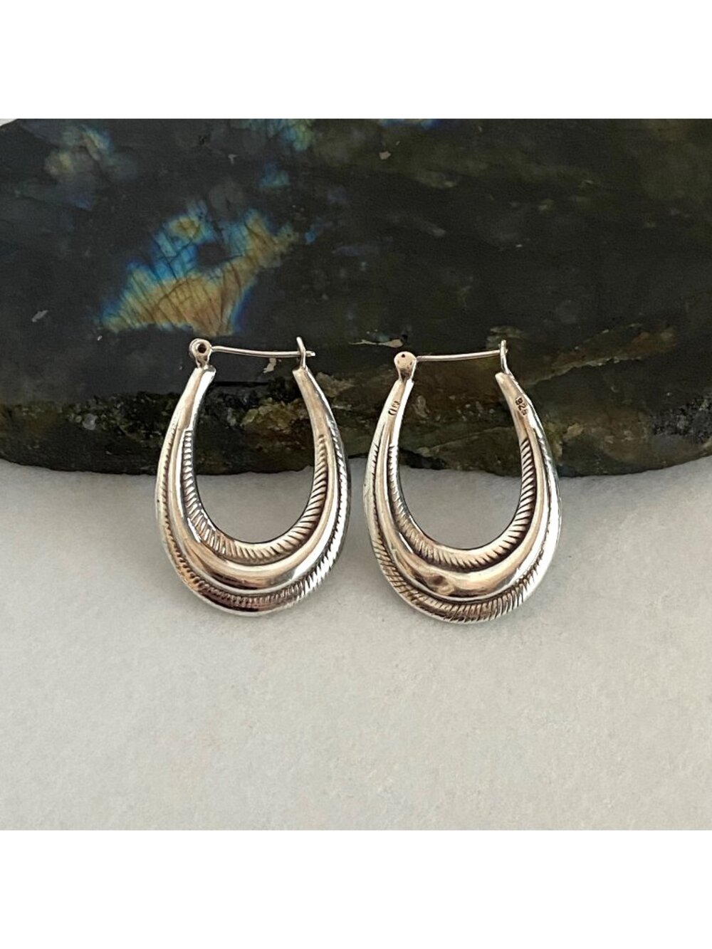 Sterling Silver 925 Hollow Puffy Etched Hinged Hoop Earrings